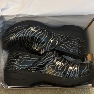 Dansko Black and Silver Patterned Mules